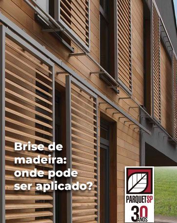 Ao fundo da imagem, há um brise de madeira em diversas janelas de um prédio.