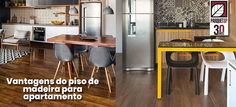 Ao fundo da imagem, há duas cozinhas de apartamento com piso de madeira.