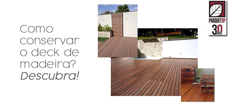 A imagem mostra três fotos sobrepostas com deck de madeira.