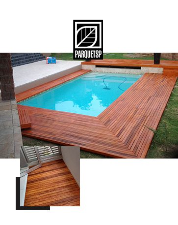 A imagem mostra a ilustração de um deck de peroba em volta de uma piscina.
