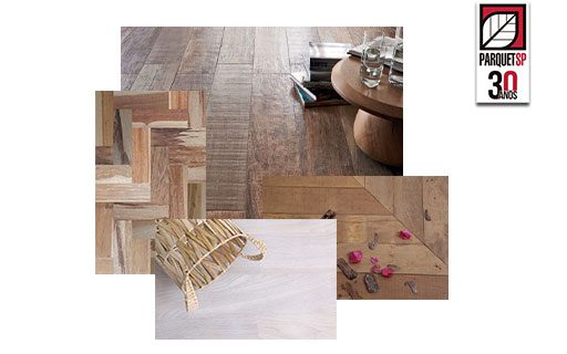 A imagem mostra 4 imagens sobrepostas uma a outra. Em cada uma delas tem um diferente piso de madeira, seja taco, laminado, etc.