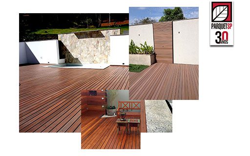 A imagem mostra três fotos sobrepostas com deck de madeira.