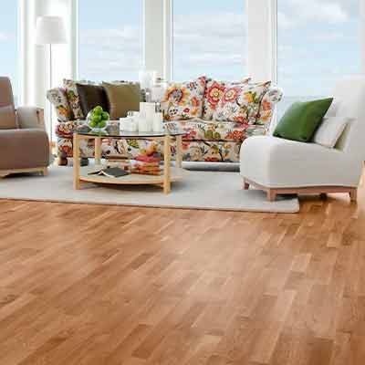 A imagem mostra uma sala de estar com várias poltronas e o piso de madeira.