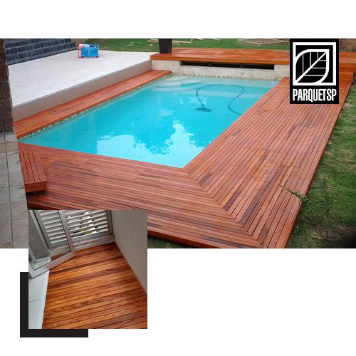 A imagem mostra a ilustração de um deck de peroba em volta de uma piscina.