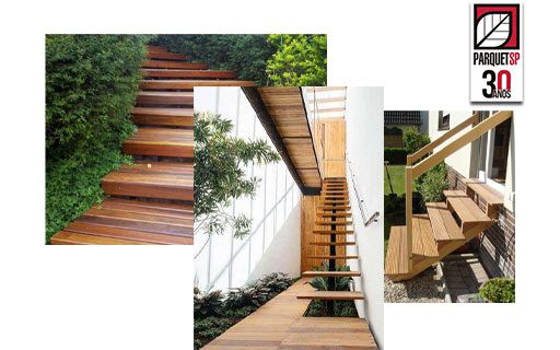 A imagem mostra 3 fotos de escadas de madeira no jardim.