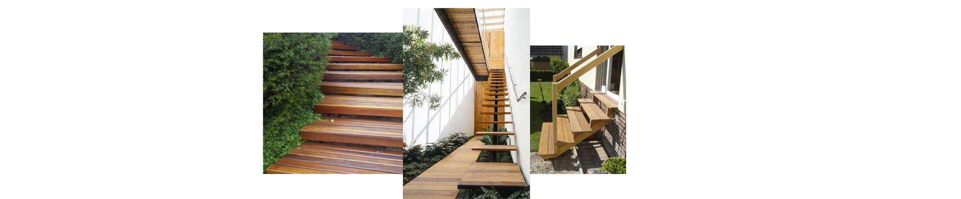 A imagem mostra 3 fotos de escadas de madeira no jardim.
