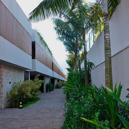 Corredor externo entre edifícios modernos com brises de madeira, vegetação tropical e palmeiras ao longo de caminho de pedras, em ambiente residencial.