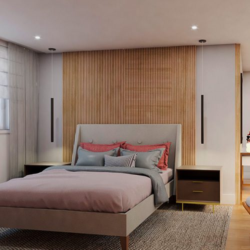Quarto moderno com painel ripado de madeira, cama estofada, iluminação suave, poltrona confortável e espaço de trabalho integrado.