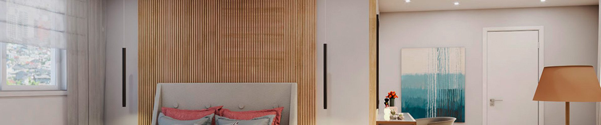 Quarto moderno com painel ripado de madeira, cama estofada, iluminação suave, poltrona confortável e espaço de trabalho integrado.