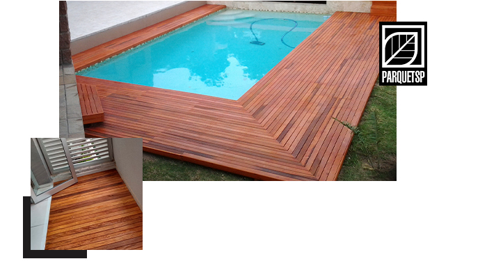 A imagem mostra a ilustração de um deck de peroba em volta de uma piscina.