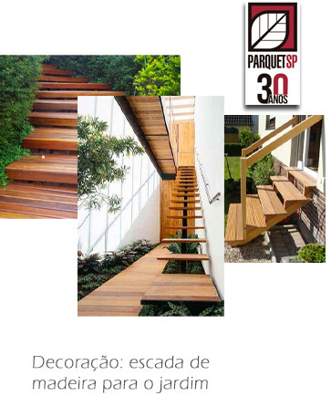 A imagem mostra 3 fotos de escadas de madeira no jardim.