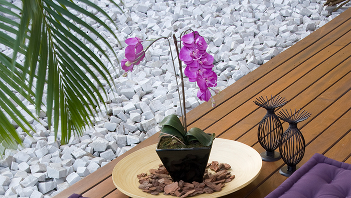 A imagem mostra um vaso de flor em um deck de madeira.