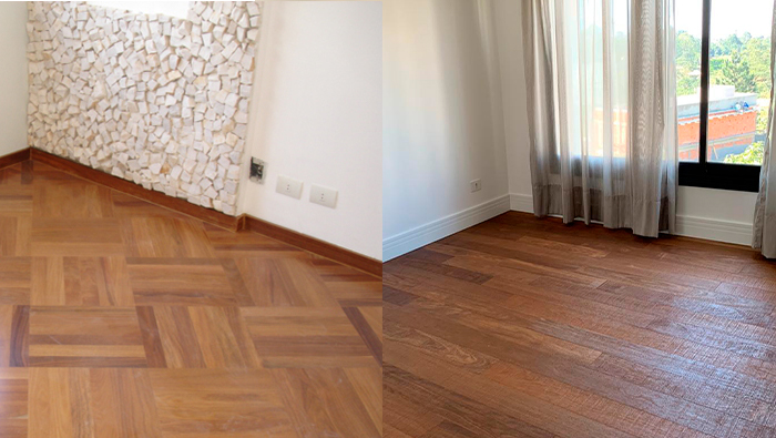 A imagem mostra duas imagens divididas. A imagem da esquerda mostra um ambiente com taco de madeira, e a da direita mostra assoalho de madeira.