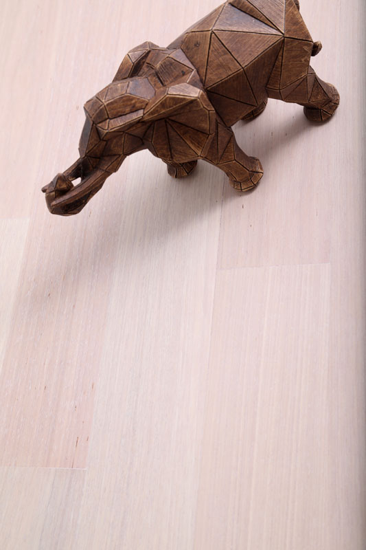 Piso de madeira Frost com elefante de madeira decorativo | ParquetSP